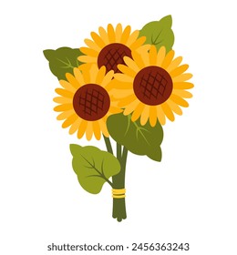 Strauß Sonnenblumen mit Blättern. Vektorgrafik Botanischer Clipart im flachen Stil. Cottage Core Illustration isoliert auf weißem Hintergrund. Ideal für Karten, Logo, Dekoration, Frühlings- und Sommerdesign.