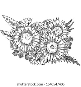 Bouquet with sunflowers in line art style. For wedding, birthday, anniversary.