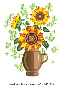 Bouquet of sunflowers on green dots background