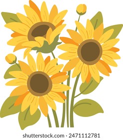 Strauß Sonnenblumen auf weißem Hintergrund. Vektorillustration im flachen Stil. Gelbe Sommerblumen isoliert