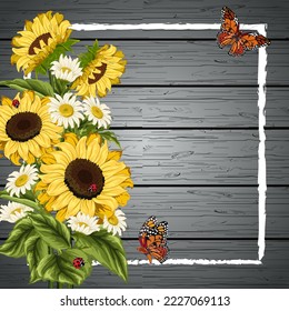 Bouquet of sunflowers on a wooden background.Vector illustration with a bouquet of sunflowers and daisies on a wooden background with a frame and butterflies.