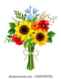 Bouquet of sunflowers, poppy flowers, and bluebell flowers isolated on a white background. Vector illustration