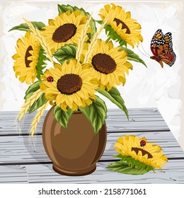 A bouquet of sunflowers in a vase.Vector illustration with a bouquet of sunflowers in a vase on a wooden tabletop.