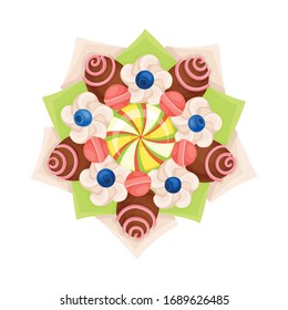 Bouquet of Sweets Chocolate and Caramel Covered with Striped Candies in Paper Wrap View from Above Vector Illustration