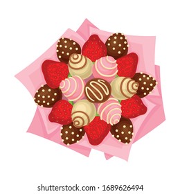 Bouquet of Sweets and Strawberry Covered with Chocolate in Paper Wrap View from Above Vector Illustration