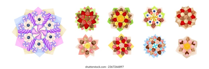 Bouquet of Sweets and Strawberry Wrapped in Paper View from Above Vector Set