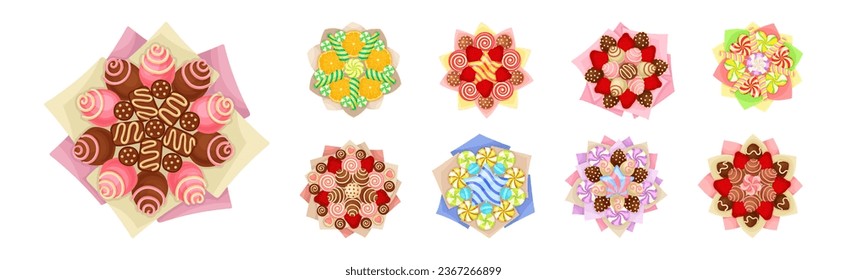 Bouquet of Sweets and Strawberry Wrapped in Paper View from Above Vector Set