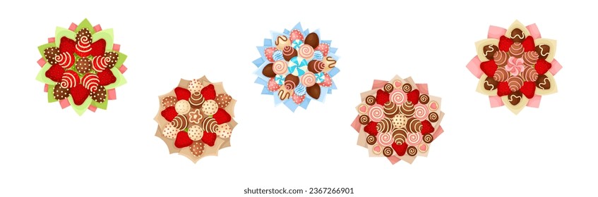 Bouquet of Sweets and Strawberry Wrapped in Paper View from Above Vector Set