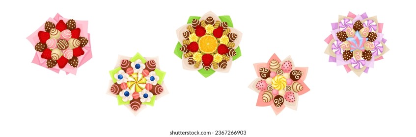 Bouquet of Sweets and Strawberry Wrapped in Paper View from Above Vector Set