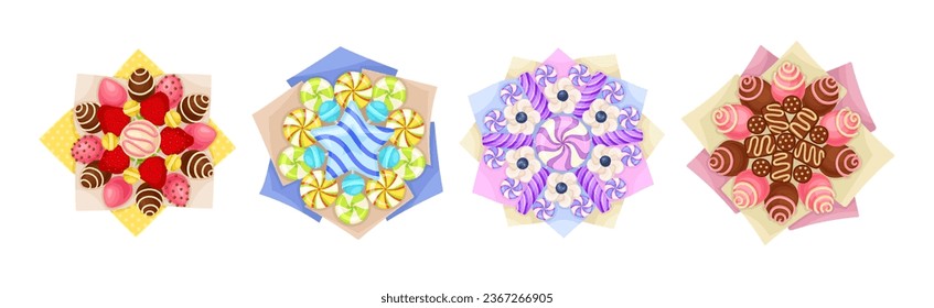 Bouquet of Sweets and Strawberry Wrapped in Paper View from Above Vector Set