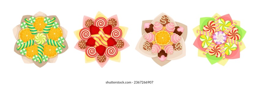 Bouquet of Sweets and Strawberry Wrapped in Paper View from Above Vector Set