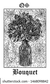 Bouquet. Tarot card from vector Lenormand Gothic Mysteries oracle deck. Black and white engraved illustration. Fantasy and mystic line art drawing. Gothic, occult and esoteric background