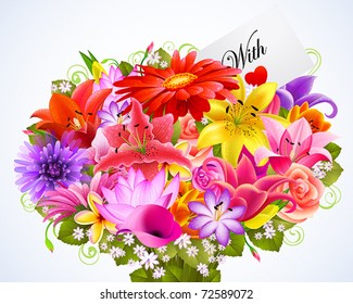 bouquet of tender flowers with greeting card