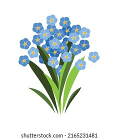 Bouquet of tender forget-me-nots in flat illustration style. Small blue flowers with spiky leaves. Botanical illustration in simple shapes.