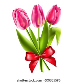 Bouquet of three bright pink tulips with a red ribbon. Vector illustration. Spring mood. Postcards for mother's day. Isolated on white background with clipping path. Top view.