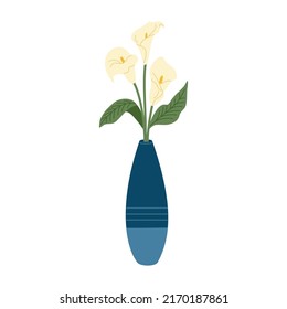 Bouquet of three callas in vase. Beautiful flowers for decor. Hand drawn vector illustration isolated on white background. Modern flat cartoon style.