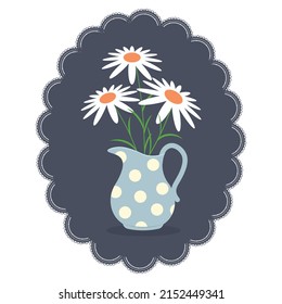 Bouquet of three daisies in a jug on the background of an oval with an openwork border