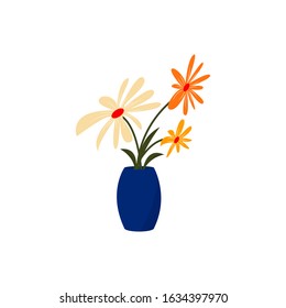 Bouquet. Three flowers in a blue vase. Vector. Flat cartoon style. Isolated on white background