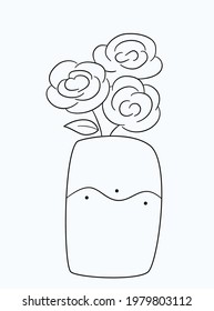A bouquet of three lush roses in a wide vase with a wavy pattern. Isolated contour black and white illustration in doodle style on a white background.