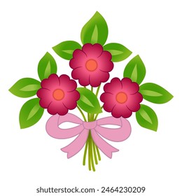 Bouquet of three red flowers and pink ribbon. Spring red flowers and green leaves. Bright summer bouquet pattern. Floral ornament. Plant composition. Holiday design of flowers. Printable home decor