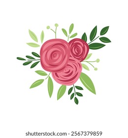 Bouquet of three red rose flowers with leaves isolated on white background. Hand drawn vector illustration in flat style. Wedding bouquet, love gift, happy Valentines day design, greeting card