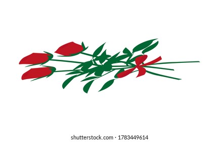 Bouquet of three red roses in perspective on a white background