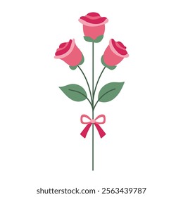 A bouquet of three red roses with a pink ribbon tied around the stem. The roses are arranged in a way that they are all facing the same direction, giving the impression of a single flower