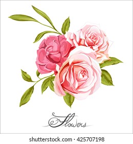 Bouquet of three roses. Chinese rose. Hand drawn. All elements are separated and easy to move. Can be used as design element in background, greeting cards, covers, etc. Vector stock.