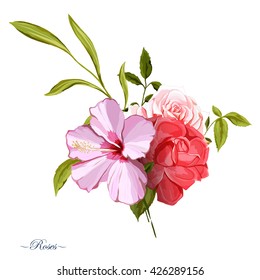 Bouquet three roses  Chinese rose  Hand drawn  All elements are separated   easy to move  Can be used as design element in background  greeting cards  covers  etc  Vector stock 