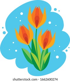 A bouquet of three tulips in a vector. Spring illustration, graphic flowers, flat flowers, primitive illustration