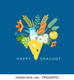 A bouquet of traditional products for the Jewish holiday Shavuot. Vector template design for greeting card, poster, flyer, banner and print