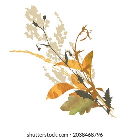 Bouquet with tree branches and meadow grass isolated on a white  background. Autumn vector illustration.