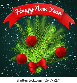 Bouquet of tree branches with a red bow and Christmas balls. Ribbon banner with text - happy new year. On dark background with falling snow. Vector illustration.