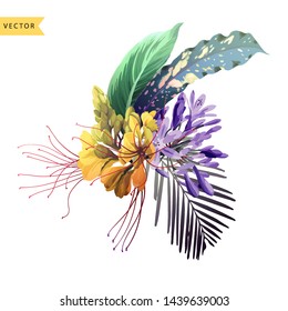 Bouquet with tropical flowers, can be used as greeting card, invitation card for wedding, birthday and other holiday and  summer background.
