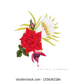 Bouquet with tropical flowers, can be used as greeting card, invitation card for wedding, birthday and other holiday and  summer background. Vector illustration. Botanical art.  Engraving style
