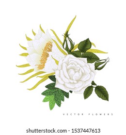 Bouquet with tropical flowers, can be used as greeting card, invitation card for wedding, birthday and other holiday and  summer background. Vector illustration. Botanical art.  Engraving style