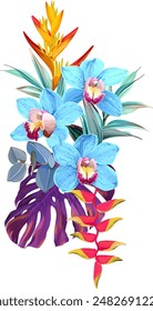 Bouquet of tropical flowers. Exotic, paradise flowers. Hawaiian bouquet