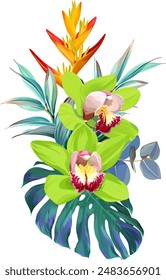 Bouquet of tropical flowers. Exotic, paradise flowers. Hawaiian bouquet