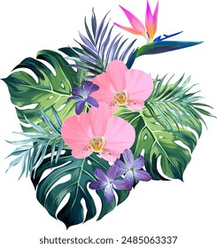 Bouquet of tropical flowers. Exotic, paradise flowers. Hawaiian bouquet