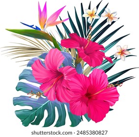 Bouquet of tropical flowers. Exotic, paradise flowers. Hawaiian bouquet