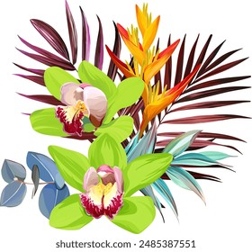 Bouquet of tropical flowers. Exotic, paradise flowers. Hawaiian bouquet