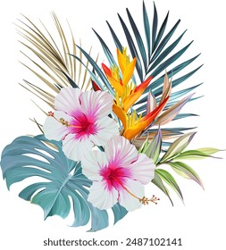 Bouquet of tropical flowers. Exotic, paradise flowers. Hawaiian bouquet