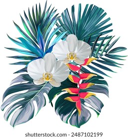 Bouquet of tropical flowers. Exotic, paradise flowers. Hawaiian bouquet