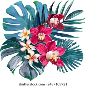 Bouquet of tropical flowers. Exotic, paradise flowers. Hawaiian bouquet