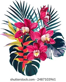 Bouquet of tropical flowers. Exotic, paradise flowers. Hawaiian bouquet