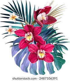 Bouquet of tropical flowers. Exotic, paradise flowers. Hawaiian bouquet