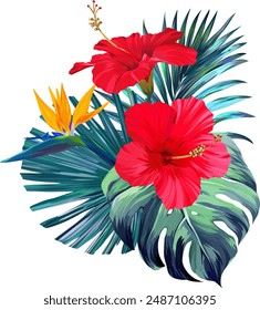 Bouquet of tropical flowers. Exotic, paradise flowers. Hawaiian bouquet