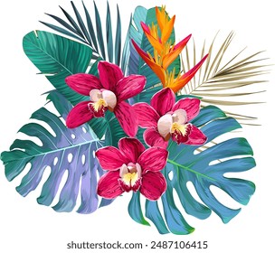 Bouquet of tropical flowers. Exotic, paradise flowers. Hawaiian bouquet