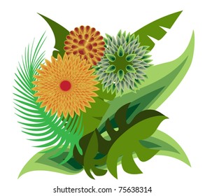 Bouquet of tropical flowers and fern leaves