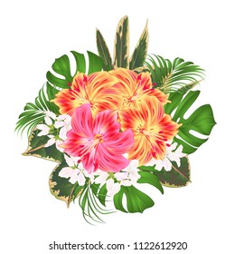 Bouquet with tropical flowers  floral arrangement, with beautiful yellow and pink Lily Alstroemeria, palm,philodendron and ficus on a white background vintage vector illustration  editable hand draw